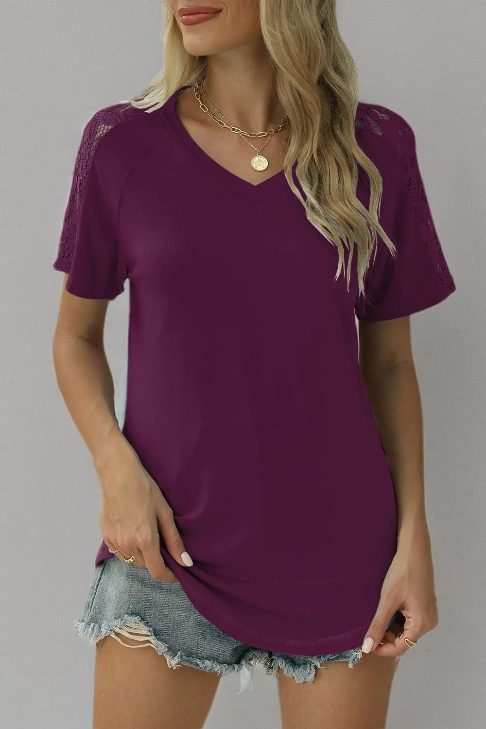 Womens Shirts Spring Summer Plus Size Blouses for Women Tops V Neck Lace Short Sleeve Tees