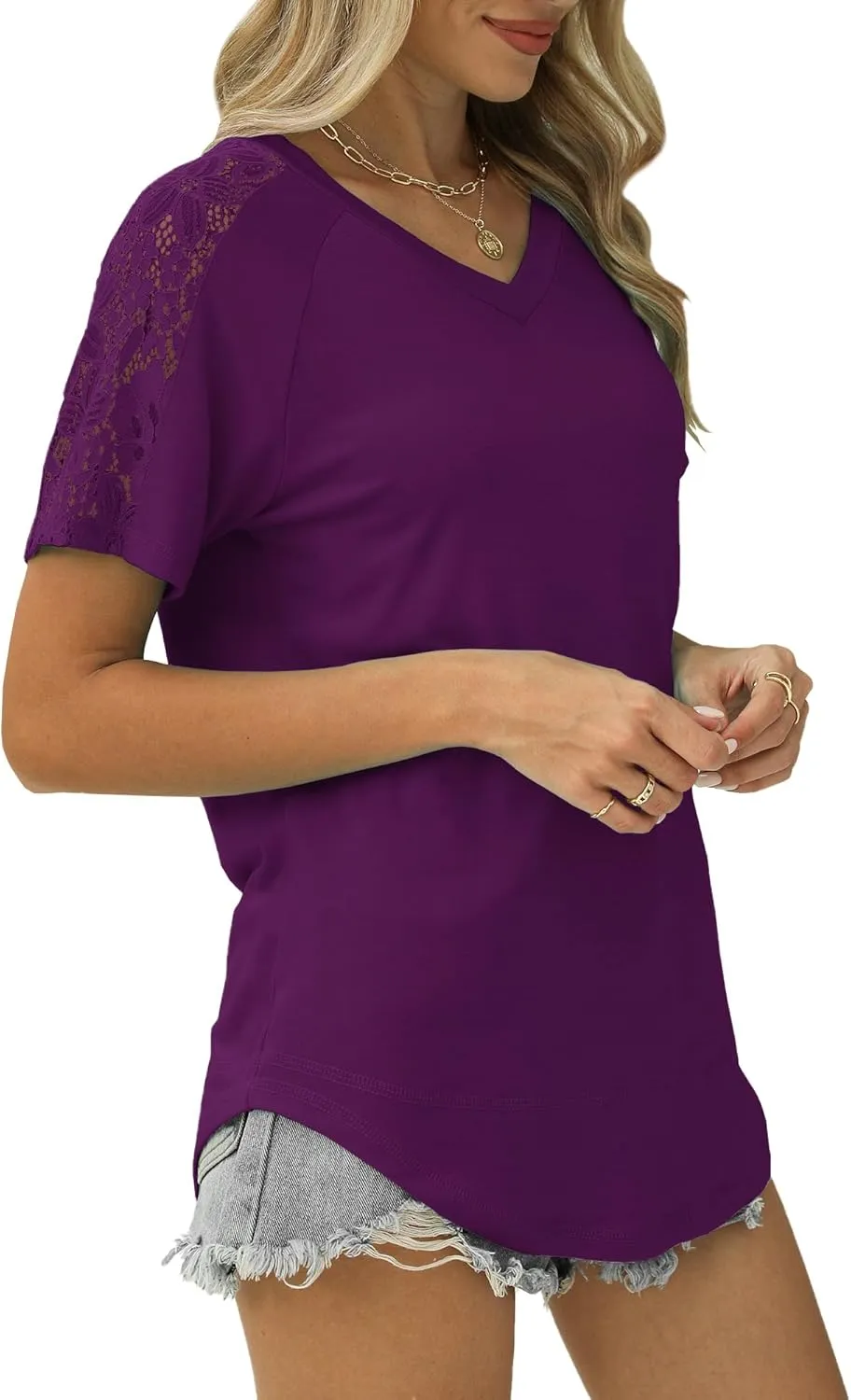 Womens Shirts Spring Summer Plus Size Blouses for Women Tops V Neck Lace Short Sleeve Tees