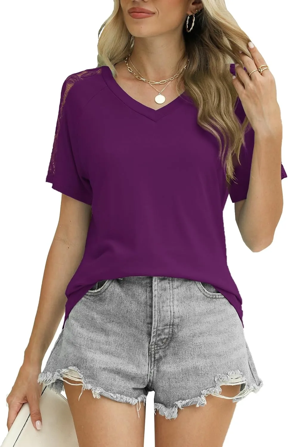 Womens Shirts Spring Summer Plus Size Blouses for Women Tops V Neck Lace Short Sleeve Tees
