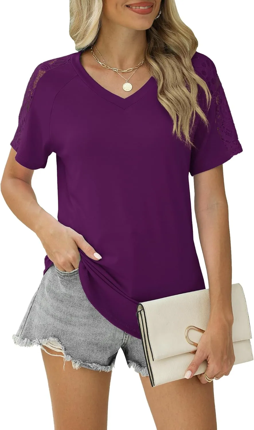 Womens Shirts Spring Summer Plus Size Blouses for Women Tops V Neck Lace Short Sleeve Tees
