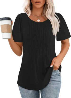 Womens Short Sleeve Crew Neck Pleated Shirts Summer Casual Trendy Vintage T-Shirts Lightweight Going Out Blouses