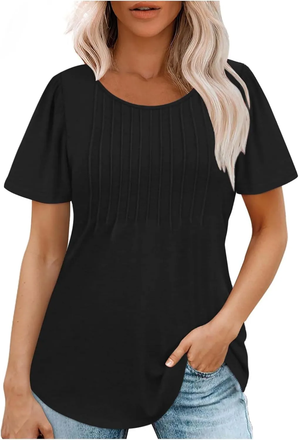 Womens Short Sleeve Crew Neck Pleated Shirts Summer Casual Trendy Vintage T-Shirts Lightweight Going Out Blouses