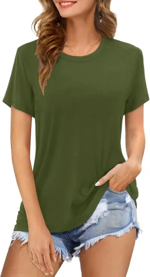 Womens Short Sleeve T Shirts Crewneck Summer Trendy Solid Basic Tee Tops Casual Summer Loose Fit Shirts