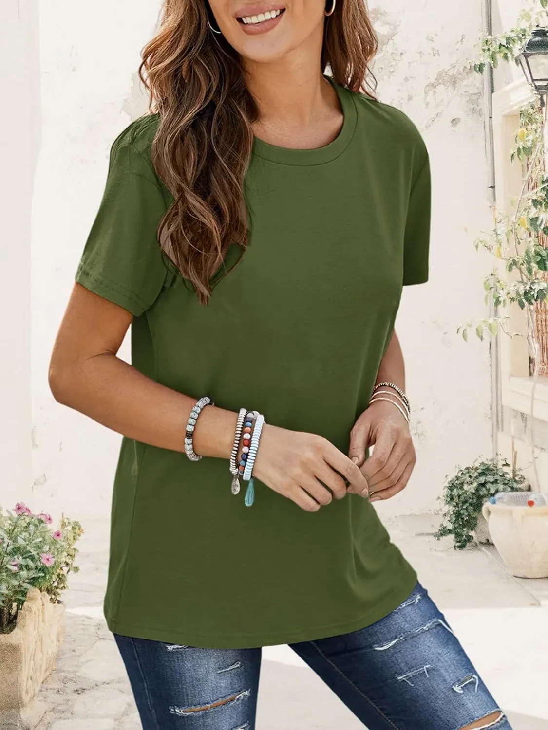 Womens Short Sleeve T Shirts Crewneck Summer Trendy Solid Basic Tee Tops Casual Summer Loose Fit Shirts