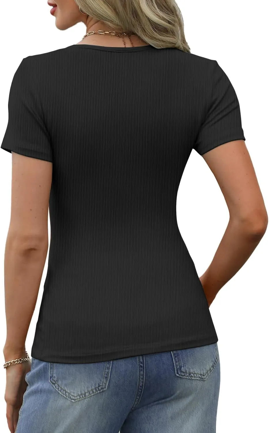 Women's Short Sleeve Tops Ribbed Casual Button Up Henley Shirts Scoop Neck Fitted Cute 2025 Summer Basic Tee Tshirts