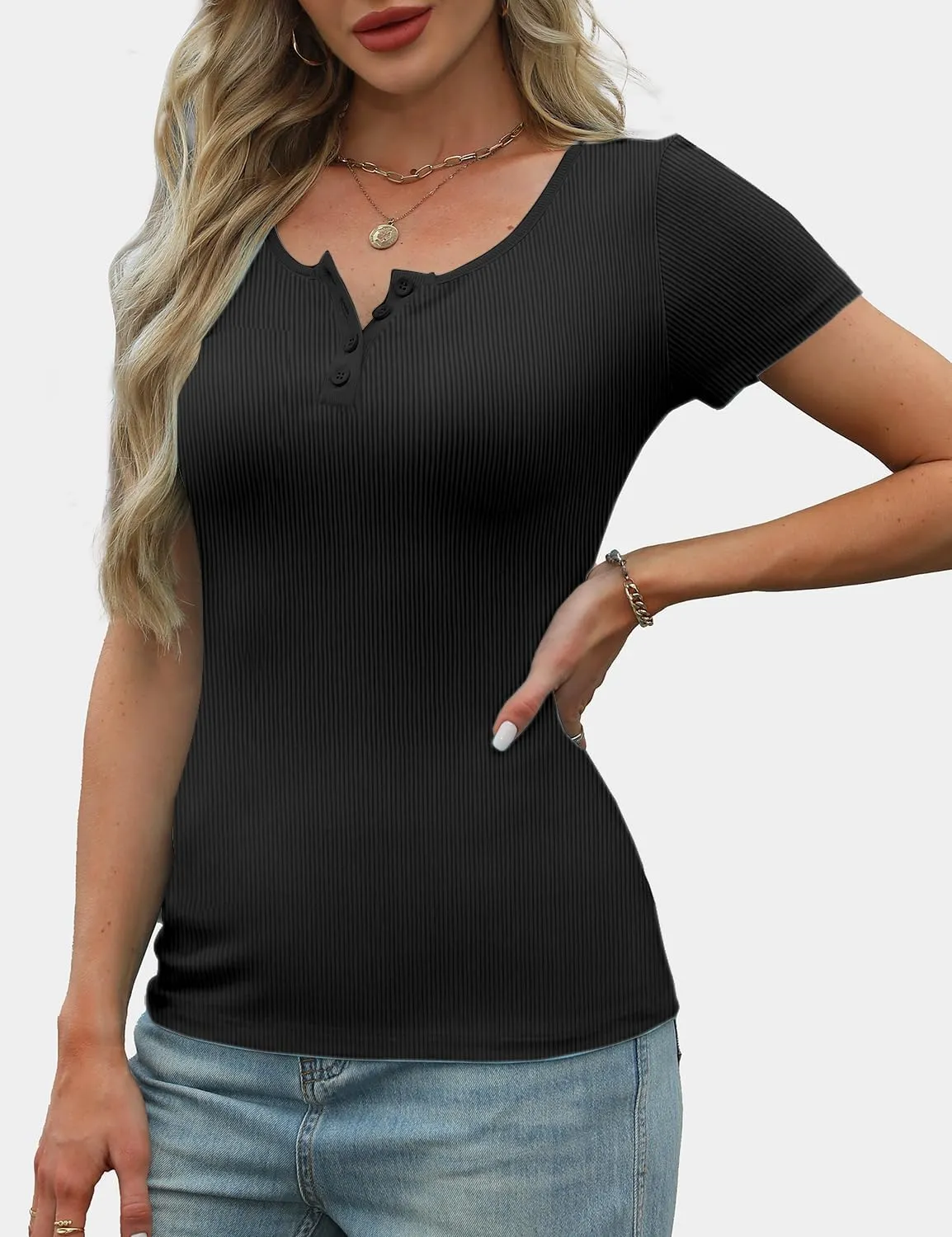 Women's Short Sleeve Tops Ribbed Casual Button Up Henley Shirts Scoop Neck Fitted Cute 2025 Summer Basic Tee Tshirts