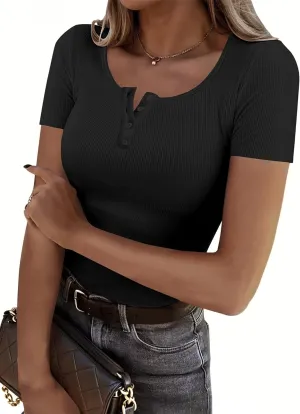 Women's Short Sleeve Tops Ribbed Casual Button Up Henley Shirts Scoop Neck Fitted Cute 2025 Summer Basic Tee Tshirts