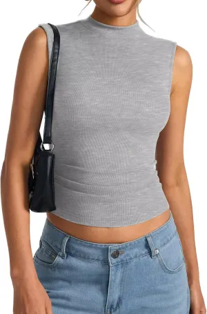 Women's Sleeveless Mock Turtle Neck Tops Fitted Ribbed Tank Top Basic Summer Shirts Spring Outfits 2025