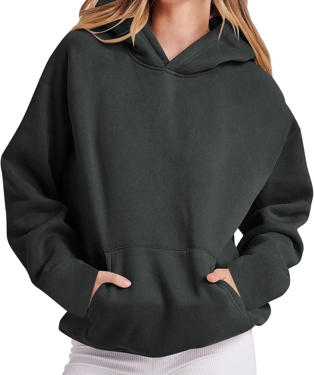 Womens Solid Fleece Hooded Sweatshirts Oversized Casual Fall Winter Pullover Hoodies 2024 Baggy Long Sleeve Tops 2024