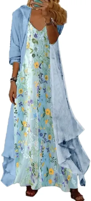 Women's Spring Floral Print Wedding Guest Dress 2 Piece Set with Chiffon Cardigan Elegant Flowy Maxi Dresses