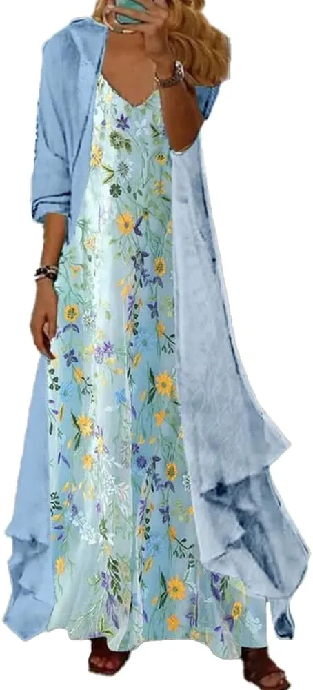Women's Spring Floral Print Wedding Guest Dress 2 Piece Set with Chiffon Cardigan Elegant Flowy Maxi Dresses