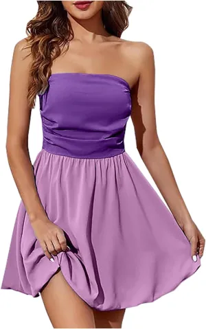 Women's Strapless Tube Top Mini Dress Sleeveless Backless Ruched Off Shoulder Flared Dress Summer Party Club Dresses