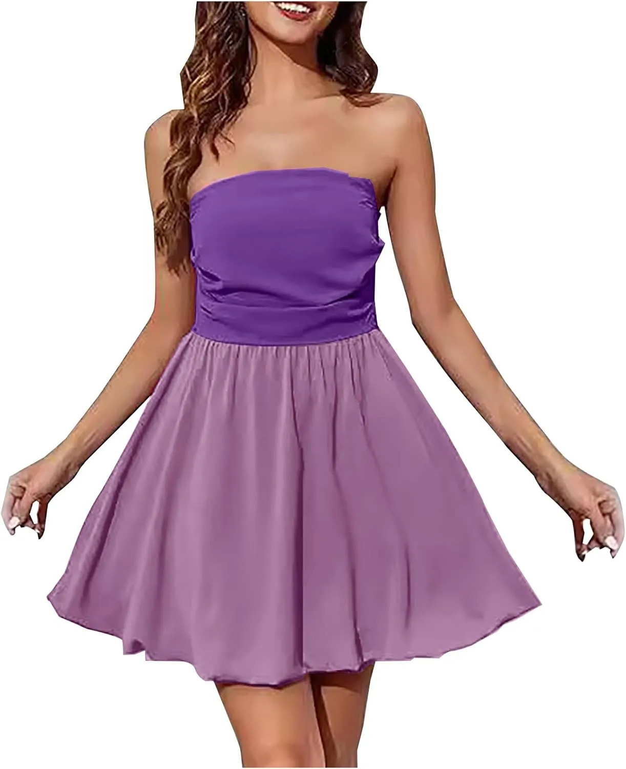 Women's Strapless Tube Top Mini Dress Sleeveless Backless Ruched Off Shoulder Flared Dress Summer Party Club Dresses