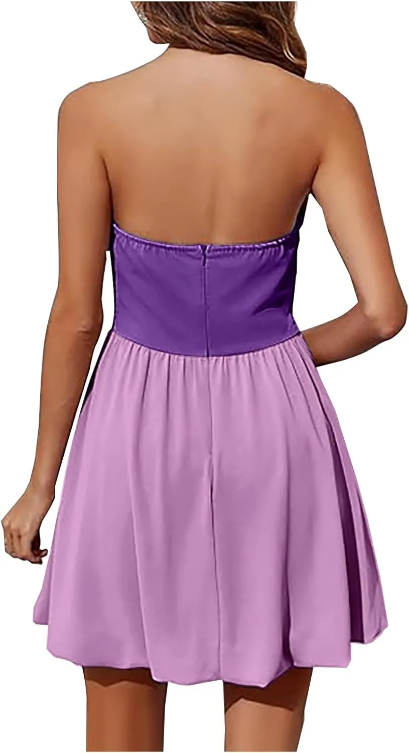 Women's Strapless Tube Top Mini Dress Sleeveless Backless Ruched Off Shoulder Flared Dress Summer Party Club Dresses