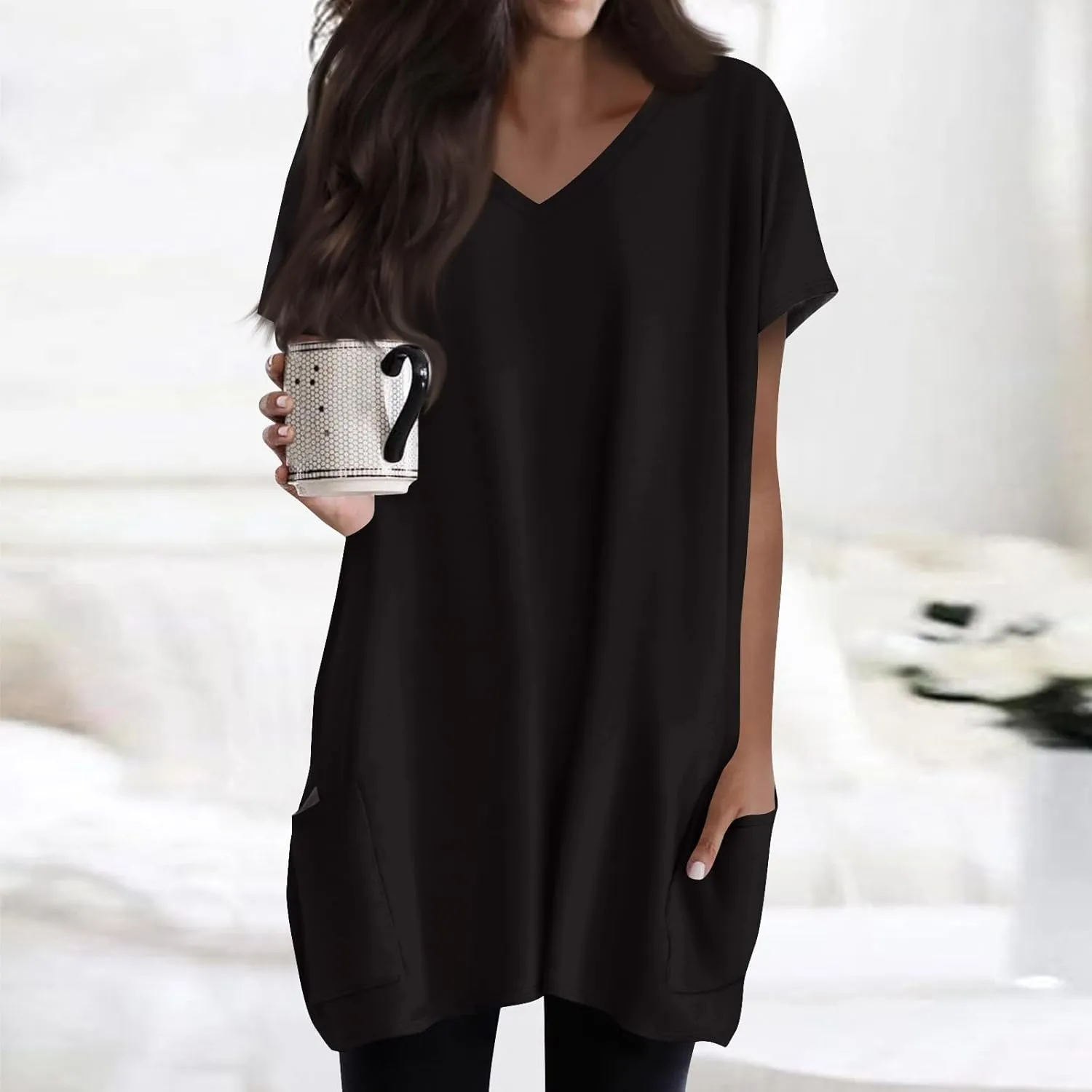 Womens Summer 2025 Casual Short Sleeve V Neck Shirts Loose Fit Oversized Tshirts Tunic Tops With Pockets