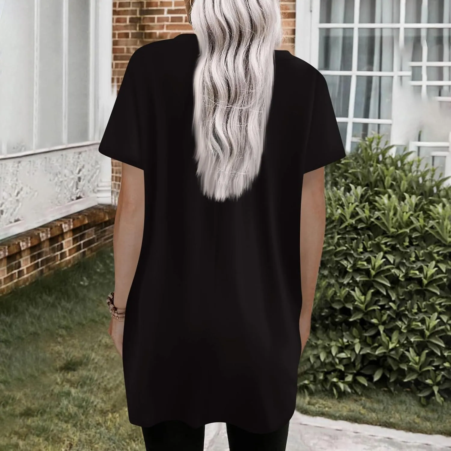 Womens Summer 2025 Casual Short Sleeve V Neck Shirts Loose Fit Oversized Tshirts Tunic Tops With Pockets