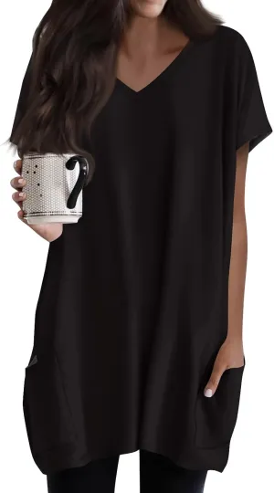 Womens Summer 2025 Casual Short Sleeve V Neck Shirts Loose Fit Oversized Tshirts Tunic Tops With Pockets