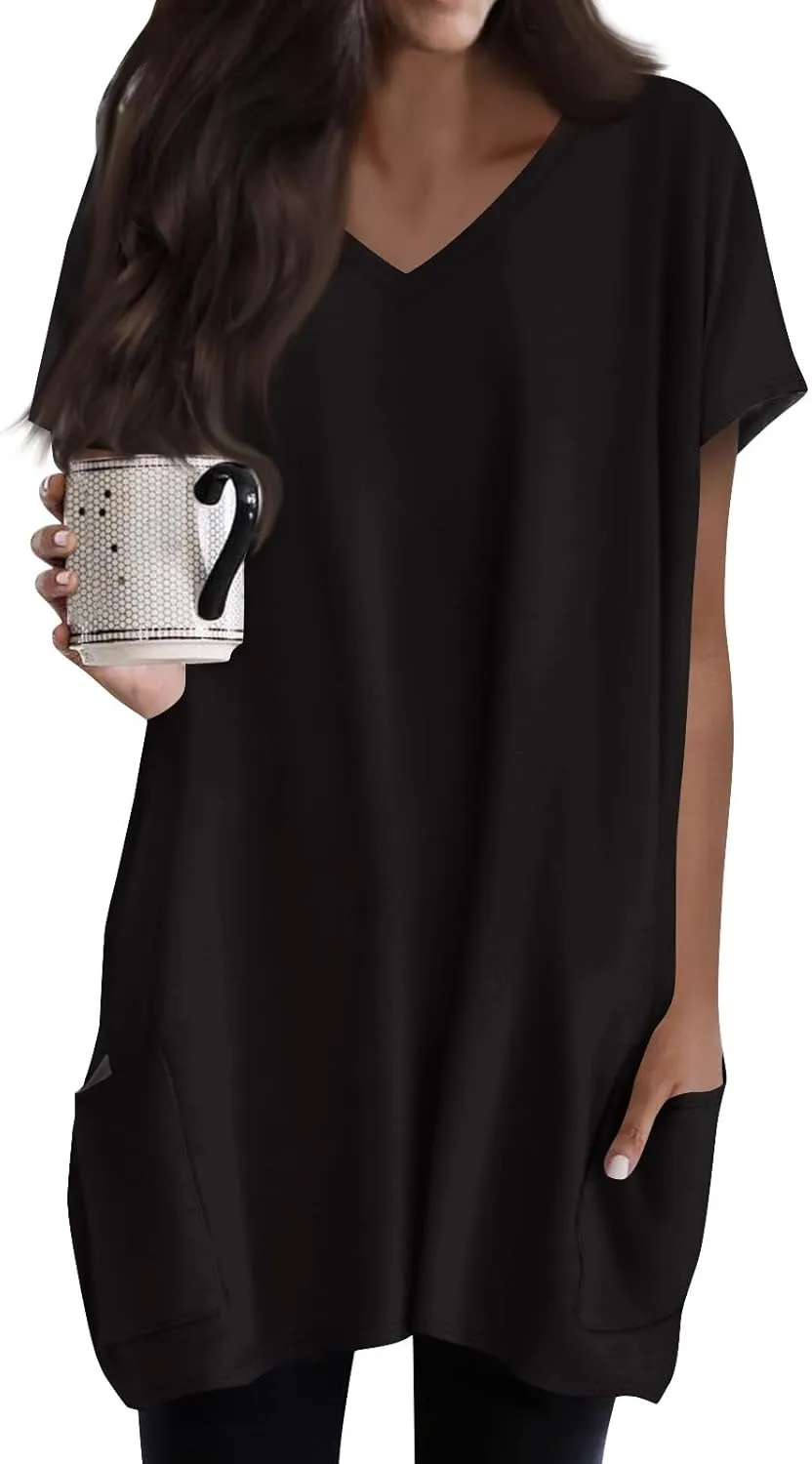 Womens Summer 2025 Casual Short Sleeve V Neck Shirts Loose Fit Oversized Tshirts Tunic Tops With Pockets