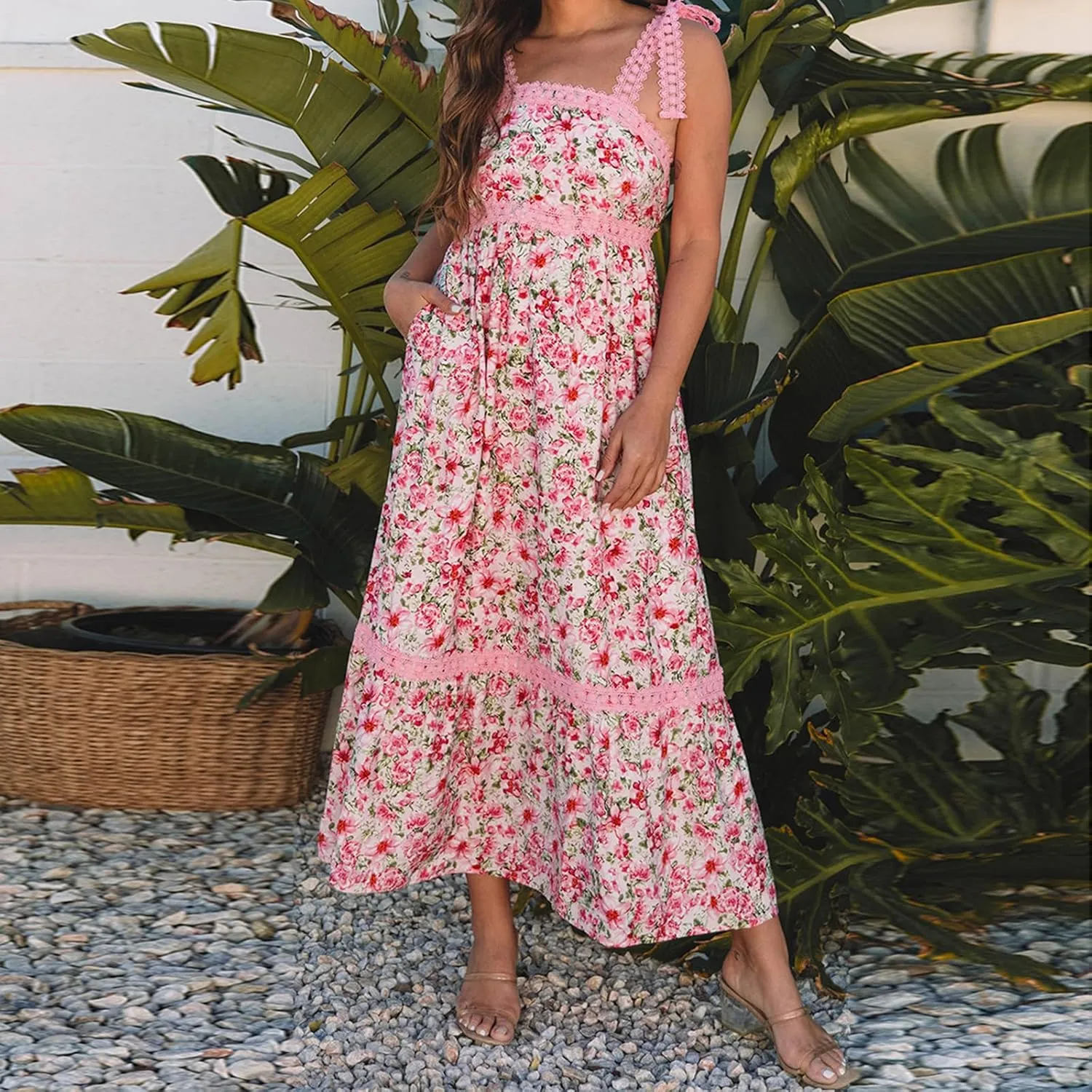 Women's Summer Boho Floral Maxi Dress Square Neck Tie Shoulder Flowy Long Dress Y2K Sleeveless Beach A-Line Sundress