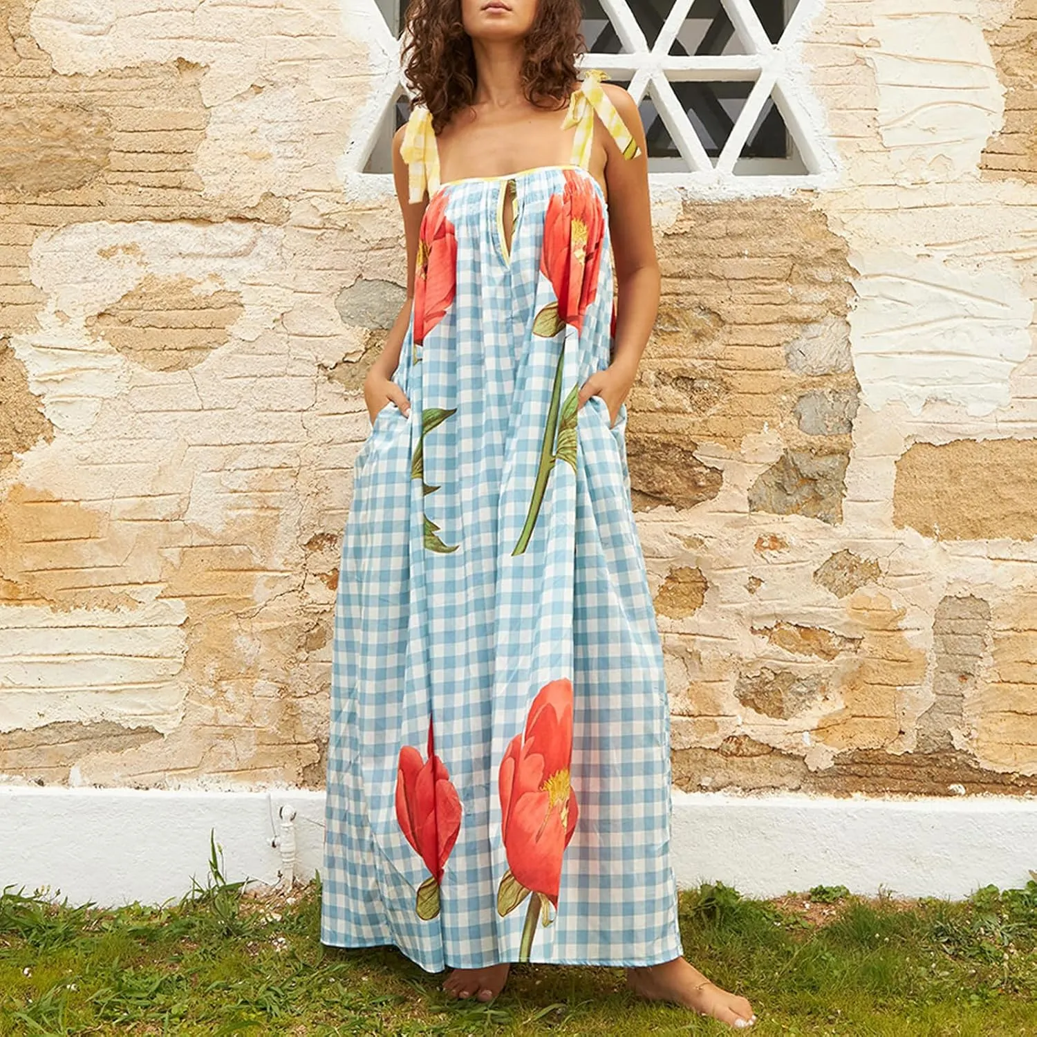 Women's Summer Boho Floral Maxi Dress Square Neck Tie Shoulder Flowy Long Dress Y2K Sleeveless Beach A-Line Sundress