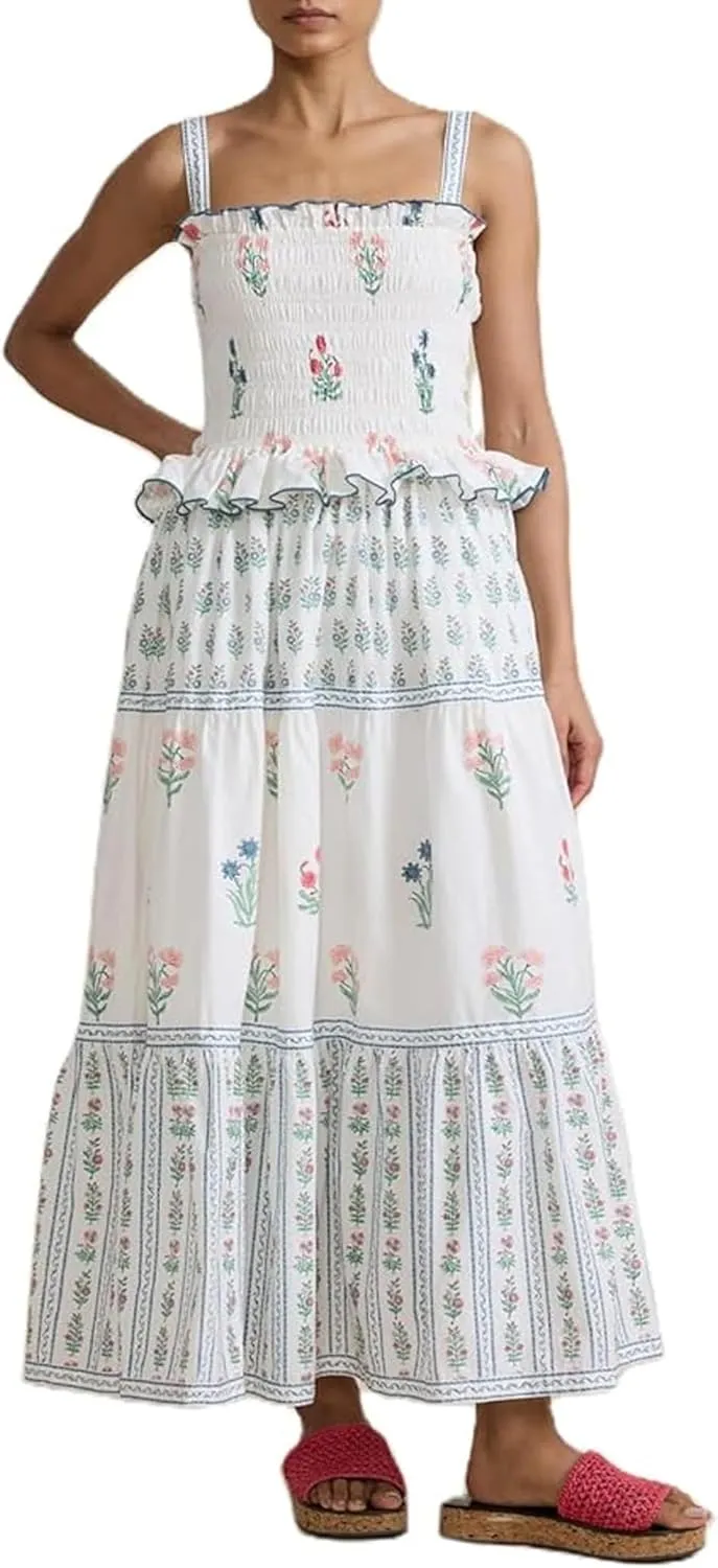 Women's Summer Boho Floral Maxi Dress Square Neck Tie Shoulder Flowy Long Dress Y2K Sleeveless Beach A-Line Sundress