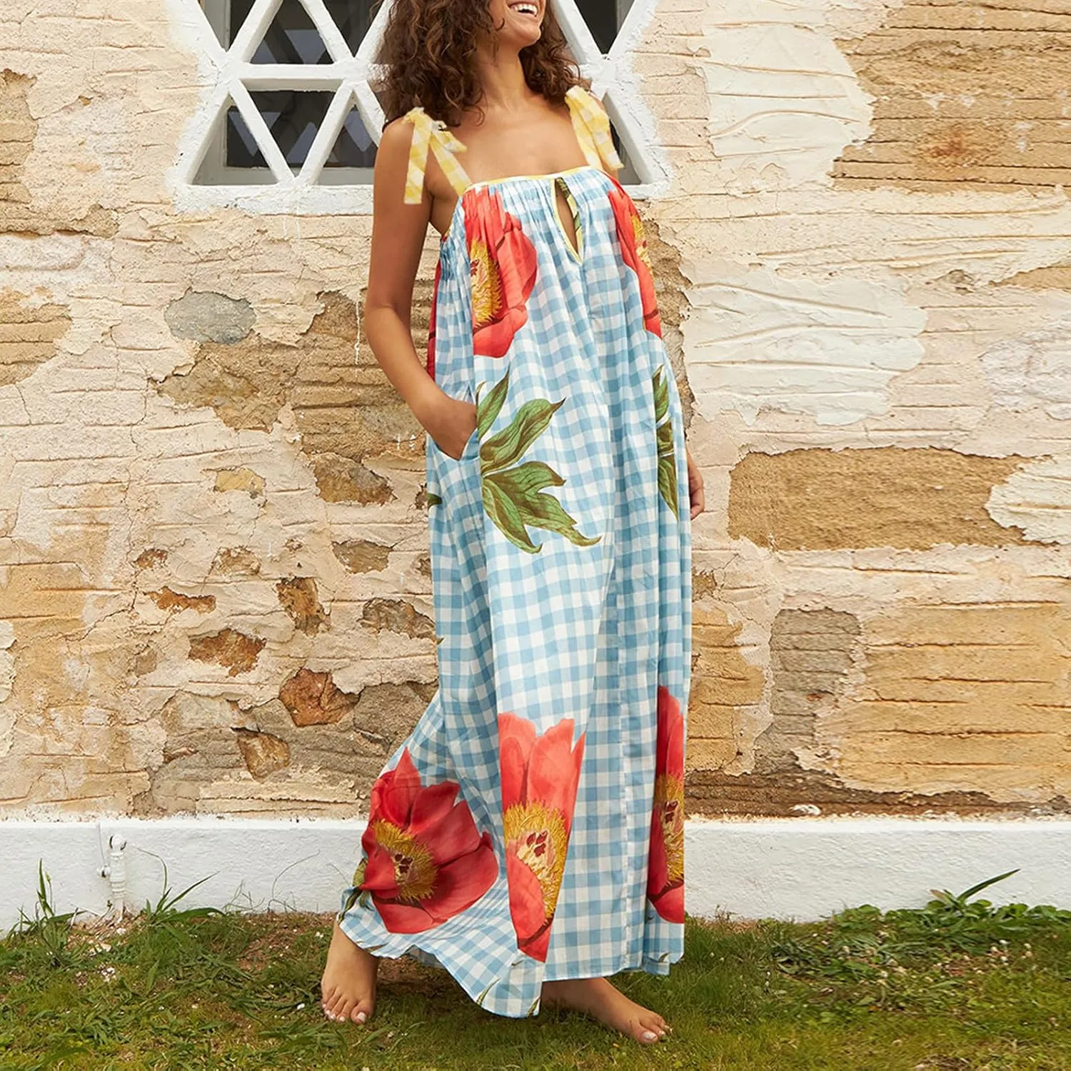 Women's Summer Boho Floral Maxi Dress Square Neck Tie Shoulder Flowy Long Dress Y2K Sleeveless Beach A-Line Sundress