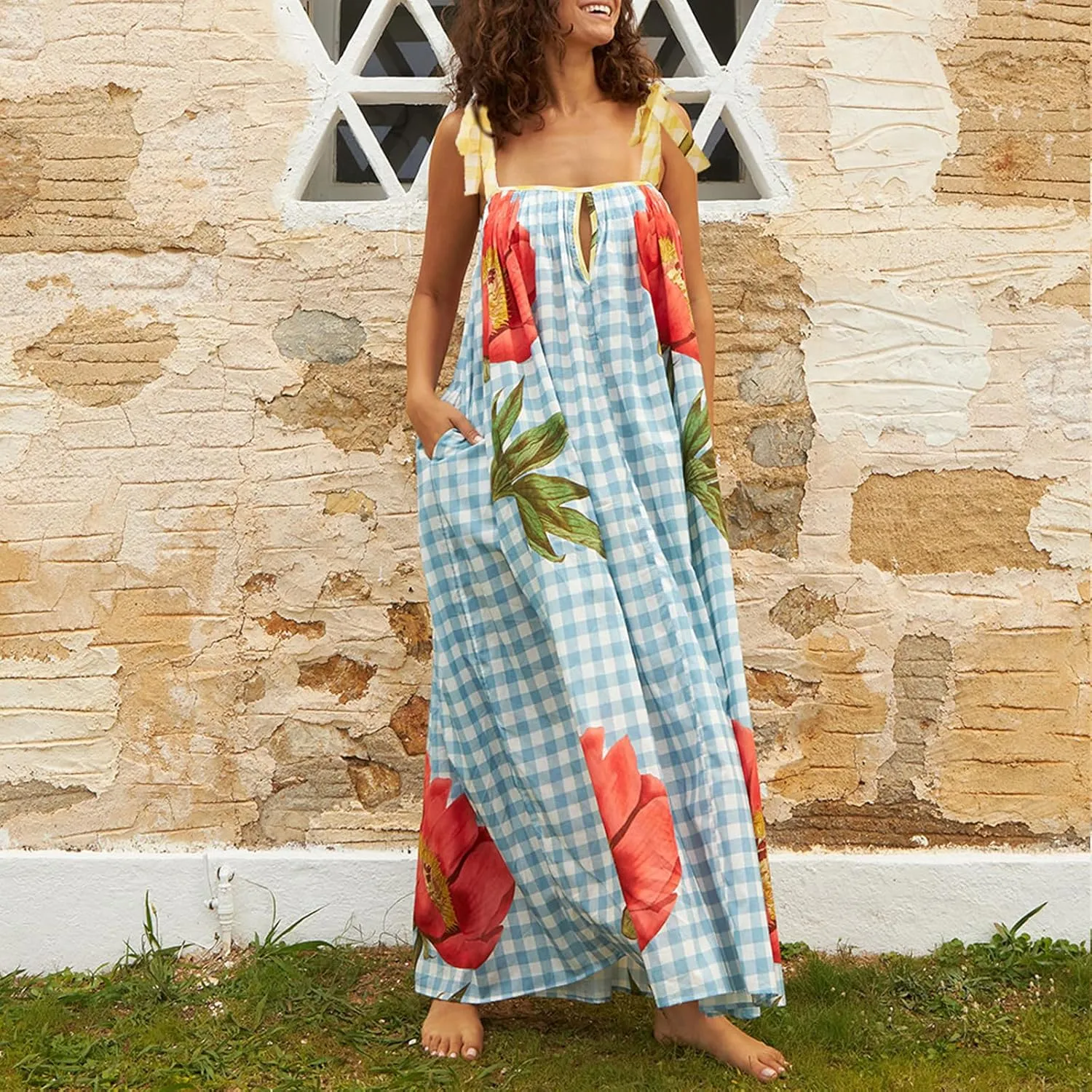 Women's Summer Boho Floral Maxi Dress Square Neck Tie Shoulder Flowy Long Dress Y2K Sleeveless Beach A-Line Sundress