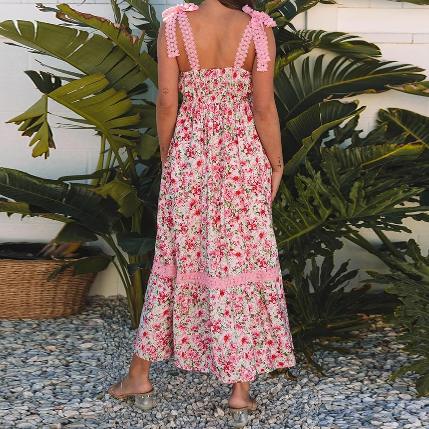 Women's Summer Boho Floral Maxi Dress Square Neck Tie Shoulder Flowy Long Dress Y2K Sleeveless Beach A-Line Sundress