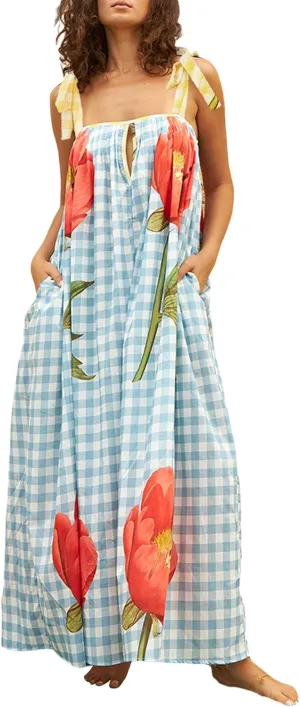 Women's Summer Boho Floral Maxi Dress Square Neck Tie Shoulder Flowy Long Dress Y2K Sleeveless Beach A-Line Sundress