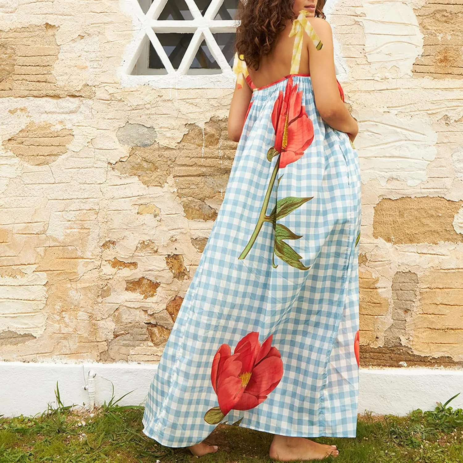 Women's Summer Boho Floral Maxi Dress Square Neck Tie Shoulder Flowy Long Dress Y2K Sleeveless Beach A-Line Sundress