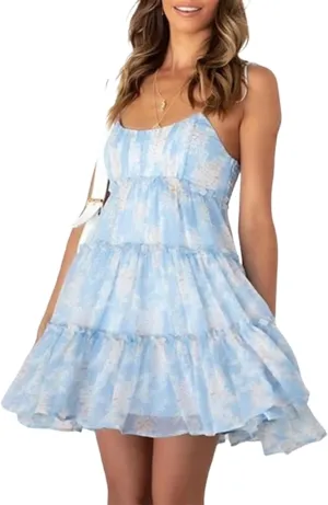 Women's Summer Floral Mini Dress,Spaghetti Strap Ruffle Tiered Dress,Summer Boho Mini Dresses for Women
