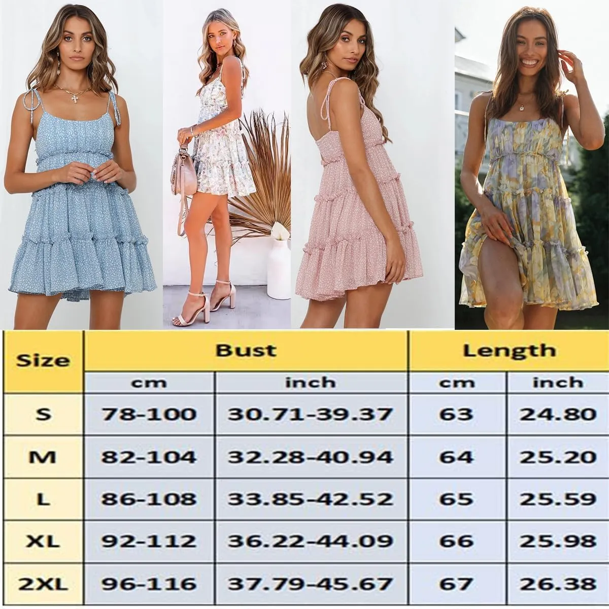 Women's Summer Floral Mini Dress,Spaghetti Strap Ruffle Tiered Dress,Summer Boho Mini Dresses for Women