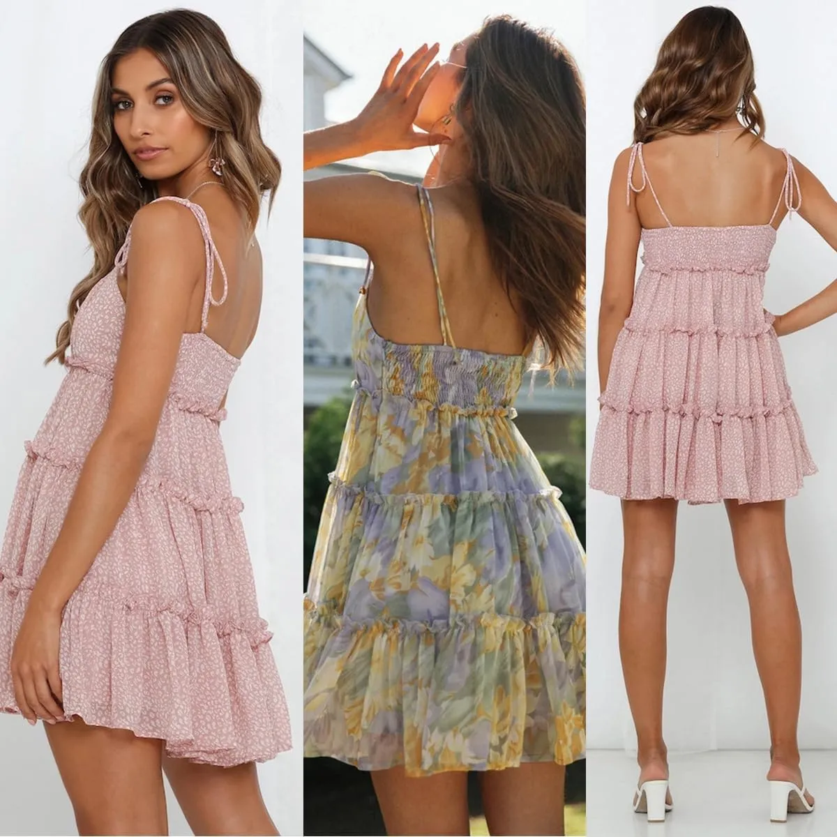 Women's Summer Floral Mini Dress,Spaghetti Strap Ruffle Tiered Dress,Summer Boho Mini Dresses for Women