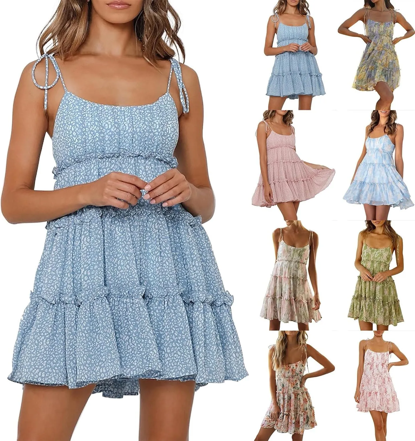 Women's Summer Floral Ruffle Swing Mini Dress, 2025 Summer Square Neck Off Shoulder Smocked Casual Short Mini Dress