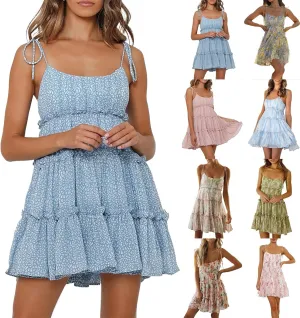 Women's Summer Floral Ruffle Swing Mini Dress, 2025 Summer Square Neck Off Shoulder Smocked Casual Short Mini Dress