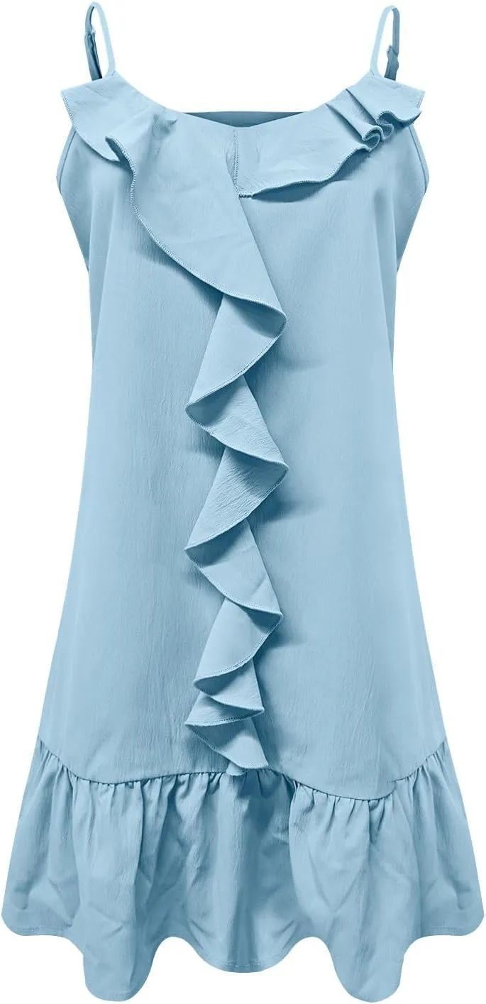 Womens Summer Ruffle Swing Dress Spaghetti Strap V Neck Sleeveless Sun Dresses Loose Flowy Cami Beach Dress