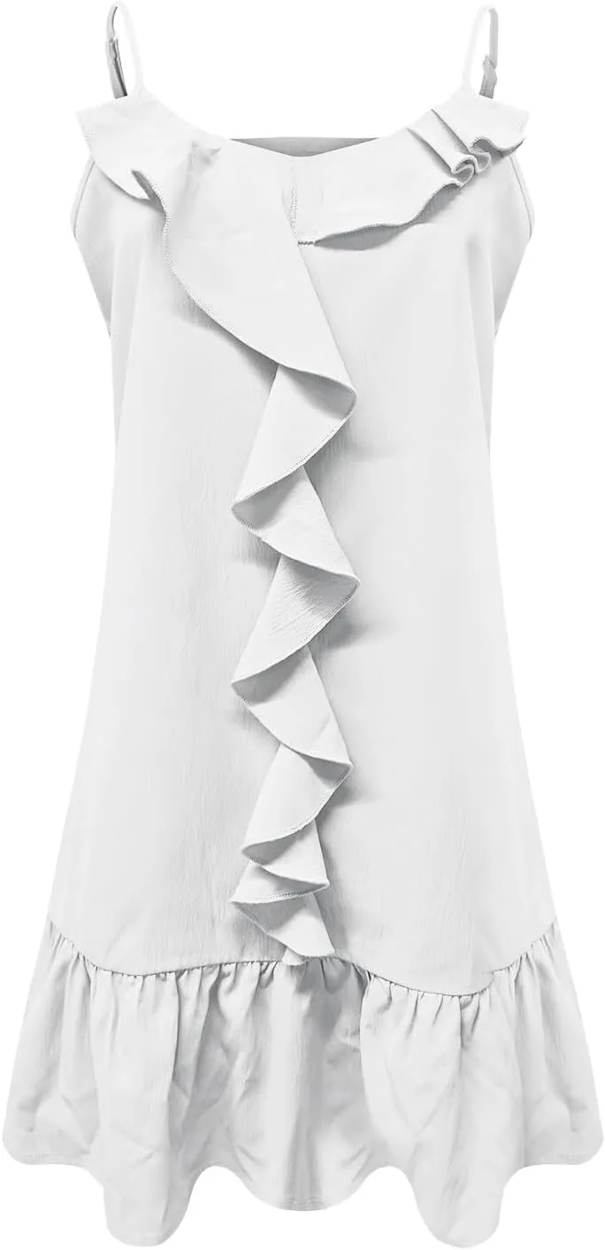 Womens Summer Ruffle Swing Dress Spaghetti Strap V Neck Sleeveless Sun Dresses Loose Flowy Cami Beach Dress