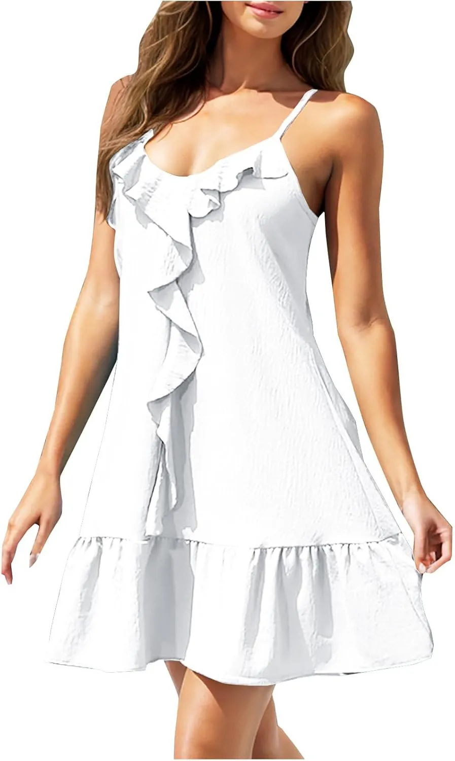 Womens Summer Ruffle Swing Dress Spaghetti Strap V Neck Sleeveless Sun Dresses Loose Flowy Cami Beach Dress