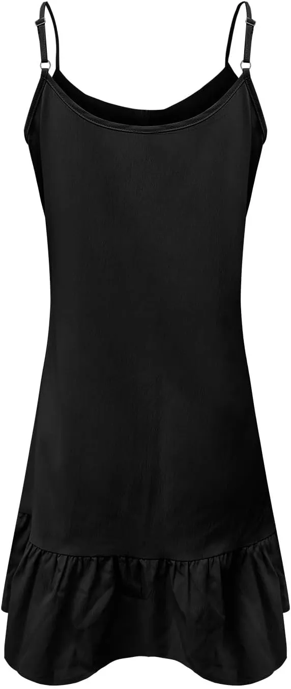 Womens Summer Ruffle Swing Dress Spaghetti Strap V Neck Sleeveless Sun Dresses Loose Flowy Cami Beach Dress