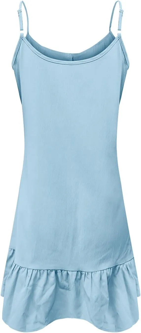 Womens Summer Ruffle Swing Dress Spaghetti Strap V Neck Sleeveless Sun Dresses Loose Flowy Cami Beach Dress