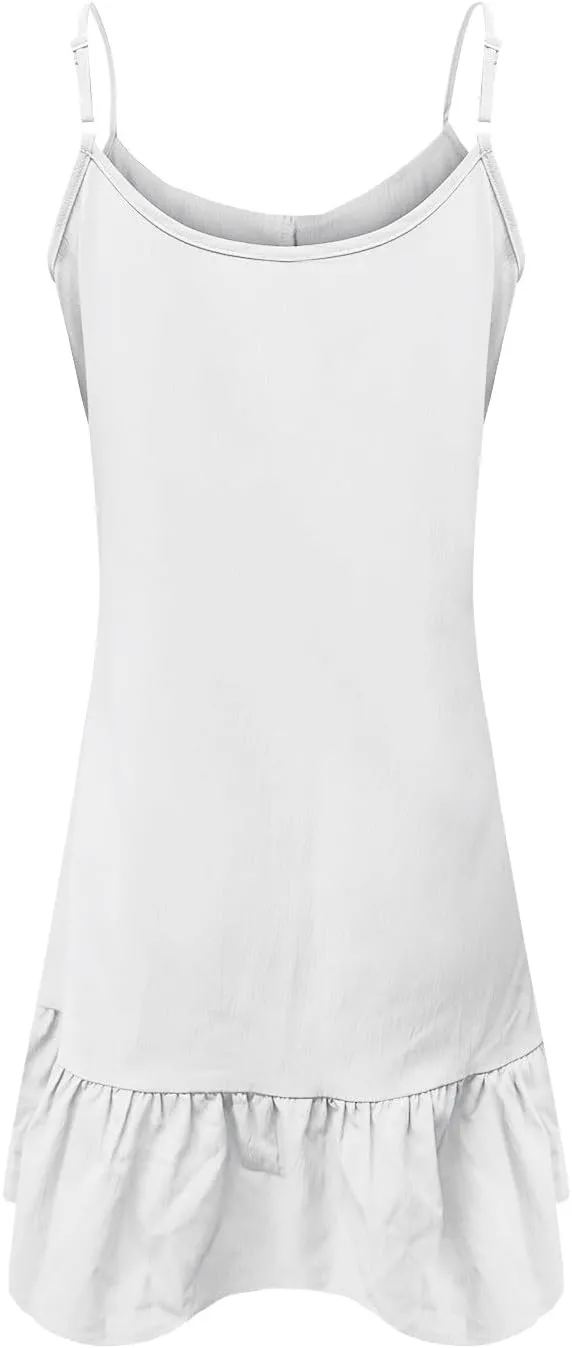 Womens Summer Ruffle Swing Dress Spaghetti Strap V Neck Sleeveless Sun Dresses Loose Flowy Cami Beach Dress