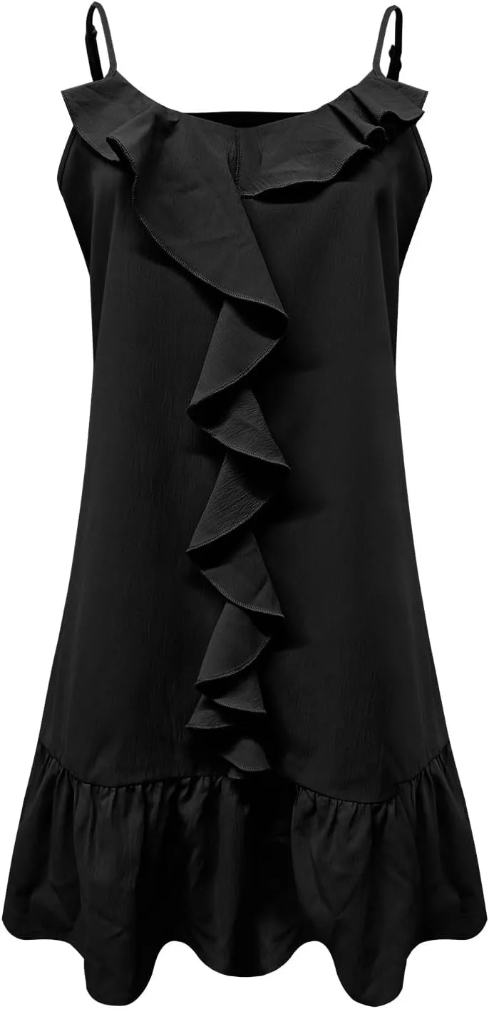 Womens Summer Ruffle Swing Dress Spaghetti Strap V Neck Sleeveless Sun Dresses Loose Flowy Cami Beach Dress