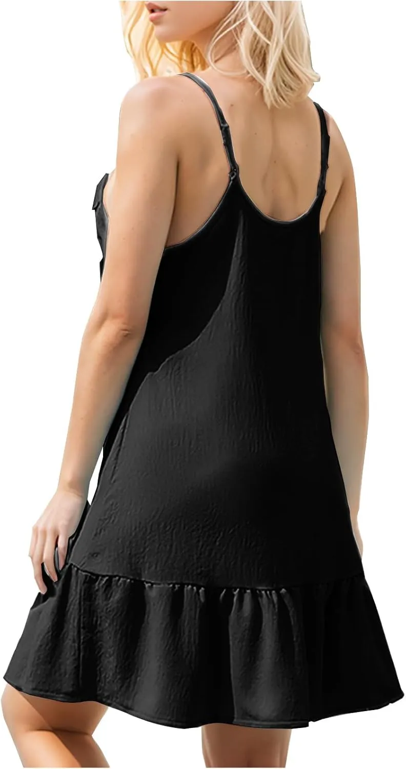 Womens Summer Ruffle Swing Dress Spaghetti Strap V Neck Sleeveless Sun Dresses Loose Flowy Cami Beach Dress