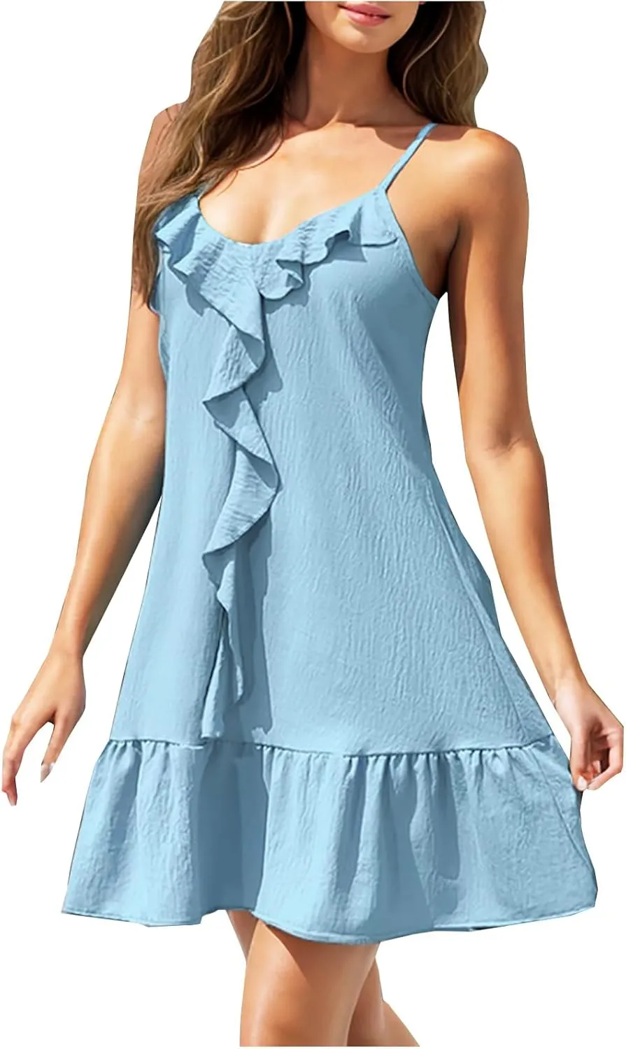 Womens Summer Ruffle Swing Dress Spaghetti Strap V Neck Sleeveless Sun Dresses Loose Flowy Cami Beach Dress