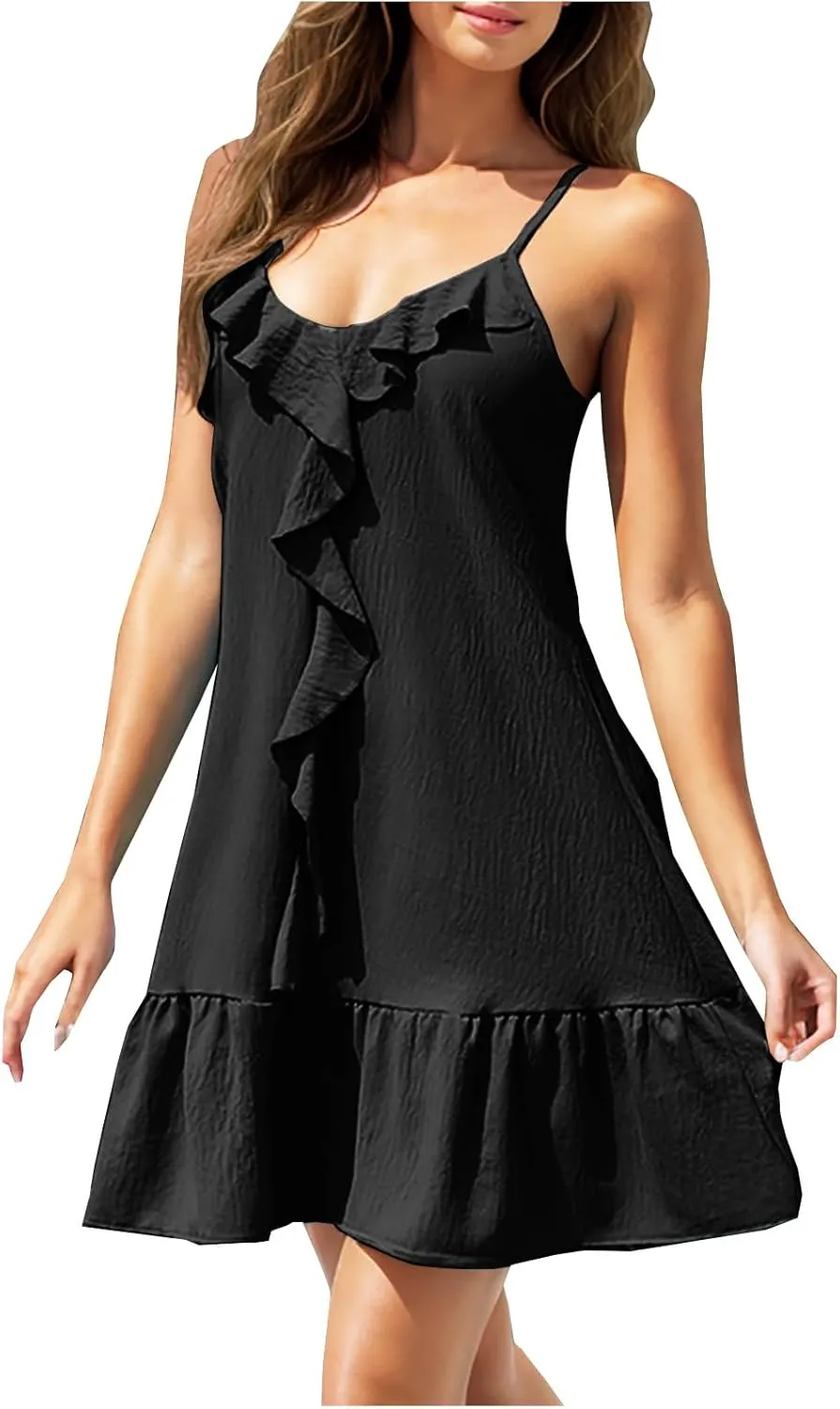 Womens Summer Ruffle Swing Dress Spaghetti Strap V Neck Sleeveless Sun Dresses Loose Flowy Cami Beach Dress