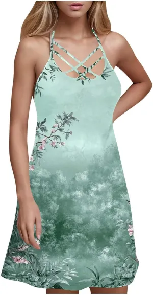 Women's Summer Tank Dress Floral Cami Dress Criss Cross Lace Up Halter Backless Mini Beach Sun Dresses