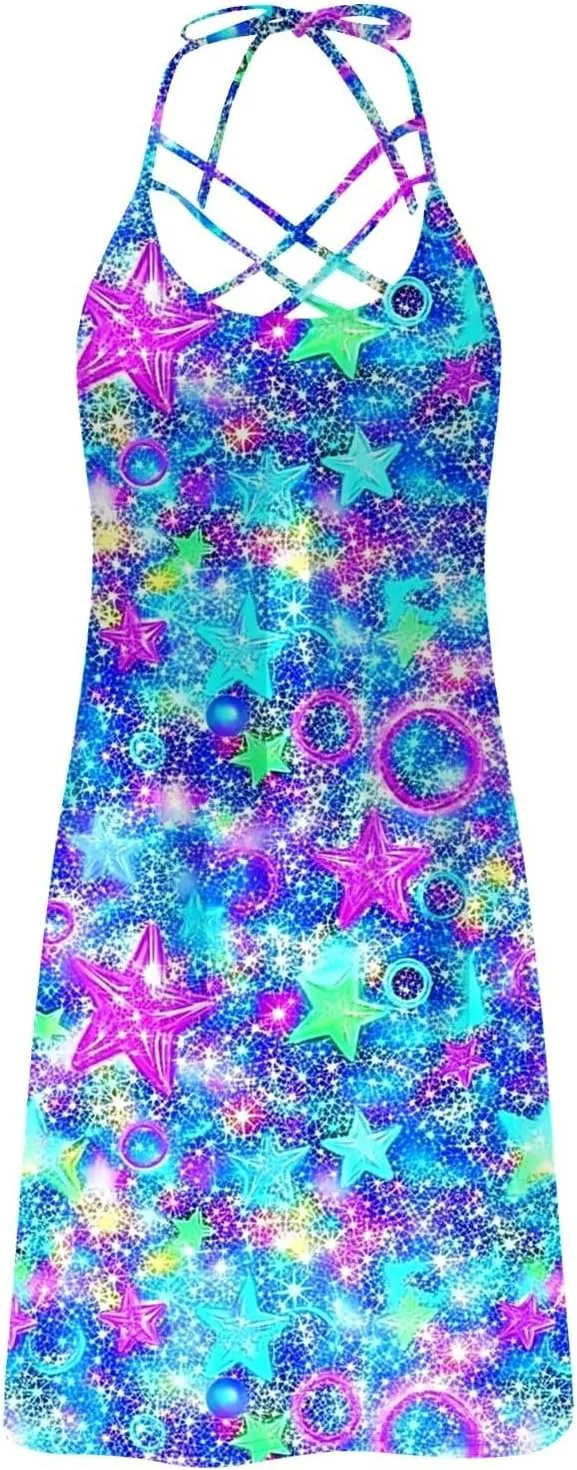Women's Summer Tank Dress Floral Cami Dress Criss Cross Lace Up Halter Backless Mini Beach Sun Dresses