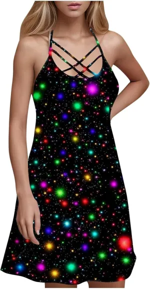 Women's Summer Tank Dress Floral Cami Dress Criss Cross Lace Up Halter Backless Mini Beach Sun Dresses