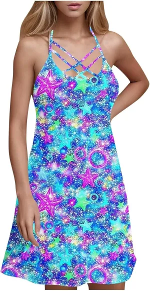 Women's Summer Tank Dress Floral Cami Dress Criss Cross Lace Up Halter Backless Mini Beach Sun Dresses