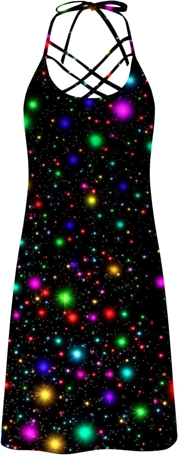 Women's Summer Tank Dress Floral Cami Dress Criss Cross Lace Up Halter Backless Mini Beach Sun Dresses
